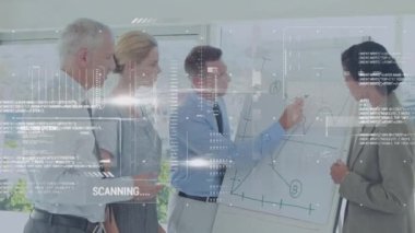 Animation of statistics and financial data processing over diverse business people. Global business, finance, computing and data processing concept digitally generated video.