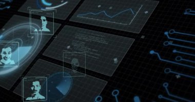 Veri işleme animasyonu ve insanların siyah arkaplan üzerindeki simgeleri. Küresel iş ve dijital arayüz kavramı dijital olarak oluşturulmuş video.