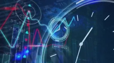 Animation of ticking clock and financial data processing over world map against blue background. Business technology concept