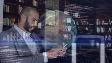 Animation of globe, statistics and data processing over biracial businessman. Global travel, business, finances, computing and data processing concept digitally generated video.