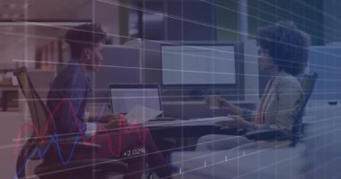 Animation of statistics and financial data processing over business people working in office. Global business, finance, computing and data processing concept digitally generated video.