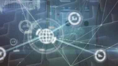 Animation of connected icons with lines over abstract pattern against corridor of office. Digital composite, multiple exposure, communication, globalization, report and technology concept.