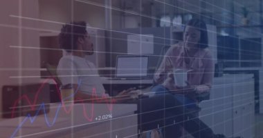 Animation of statistics and financial data processing over business people working in office. Global business, finance, computing and data processing concept digitally generated video.