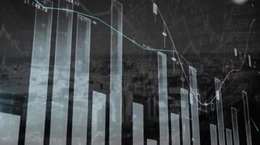 Animation of multiple graphs and numbers over cityscape in background. Digital composite, multiple exposure, report, digits, buildings, architecture, abstract and business concept.