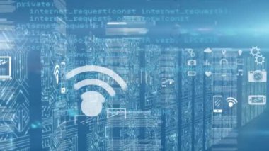 Animation of data processing and icons over computer circuit board. Global business, finance, computing and data processing concept digitally generated video.