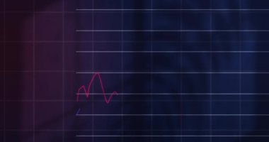Animation of statistical data processing over grid network against purple background. Business data technology concept
