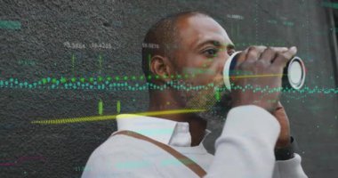 Animation of data processing over african american man drinking coffee and talking on smartphone. Global finance and business technology concept