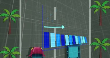 Animation of statistical data processing over overhead view of car icons running on the street. Business data technology concept