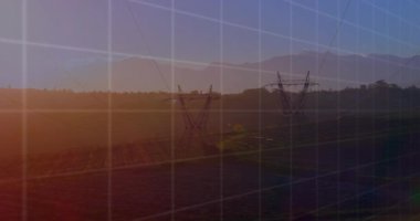 Elektrik direkleri üzerinde finansal veri işleme animasyonu. Küresel ekoloji, finans ve dijital arayüz kavramı dijital olarak oluşturulmuş video.