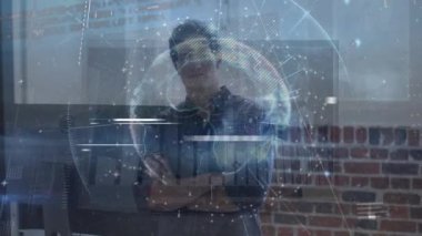 Animation of globe with data processing over caucasian businessman. Global business, technology and digital interface concept digitally generated video.