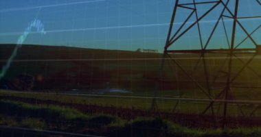 Animation of financial data processing over electricity pylon. Global ecology, finances and digital interface concept digitally generated video.