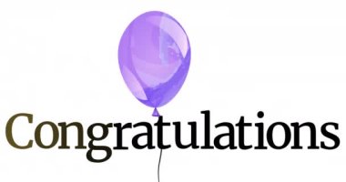 Animation of congratulations text over purple balloon on white background. Celebration and party concept digitally generated video.