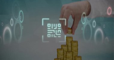 2WAnimation of graphs and financial data over hand of caucasian man holding smartphone. Global technology data processing connections and digital interface concept digitally generated video.