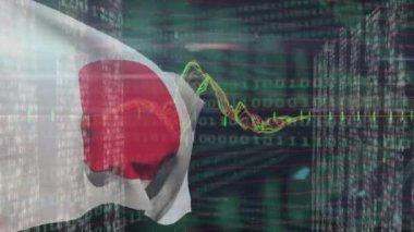 Animation of financial data processing over flag of japan and binary coding. Global business, finance, computing and data processing concept digitally generated video.