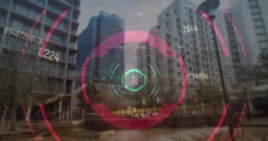 Animation of financial data processing over modern office buildings. Global business, finance, computing and data processing concept digitally generated video.