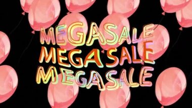 Animation of mega sale text over balloons on black background. Retro future, social media and digital interface concept digitally generated video.