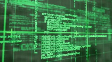 Animation of grid pattern over green computer programming language against black background. Digitally generated, hologram, coding, machine learning, illustration and technology concept.