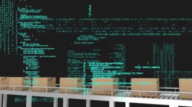 Animation of data processing over multiple boxes on conveyer belt against black background. Logistics business technology concept