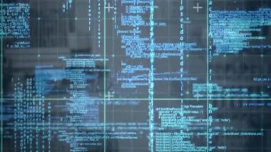 Animation of grid pattern over blue computer programming language against black background. Digitally generated, hologram, coding, machine learning, illustration and technology concept.