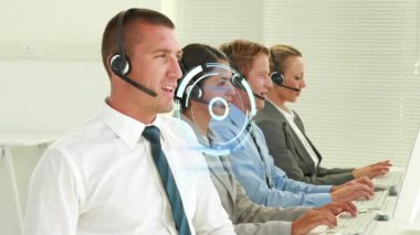 Animation of scope scanning over diverse business people working at office. Global business, finances and digital interface concept digitally generated video.