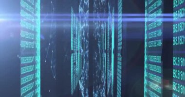 Animation of moving shapes and data processing on black background. Global business and digital interface concept digitally generated video.