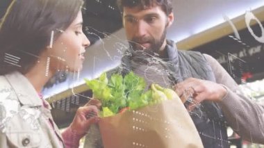 Animation of financial data processing with world map over caucasian couple at store. Global lifestyle, finances and digital interface concept digitally generated video.