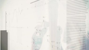 Animation of building and graphs with numbers over caucasian woman running hand in hair. Digital composite, multiple exposure, report, business, digits, abstract and technology concept.