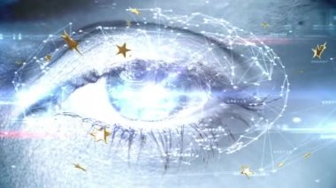 Animation of dots forming globe and stars over close up of blue human eye in background. Digital composite, multiple exposure, globalization, communication, illuminated and anatomy concept.