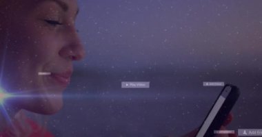 Animation of social media icons with texts over caucasian woman using smartphone. Global social media, technology and digital interface concept digitally generated video.