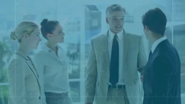 Animation of financial data processing over smiling diverse business people. Global business, finance, computing and data processing concept digitally generated video.