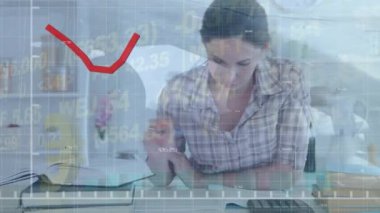 Animation of data processing over caucasian woman working at home. Global business and digital nterface concept, digitally generated video.