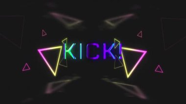 Animation of kick text and shapes on black background. Abstract background and pattern concept digitally generated video.