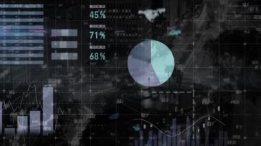 Şehir manzarası üzerinde finansal veri işleme animasyonu. Küresel iş, finans, bilgisayar ve veri işleme kavramı dijital olarak oluşturulmuş video.