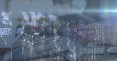 Animation of icons and data processing over woman paying with smartphone. Global business, finance, computing and data processing concept digitally generated video.