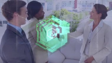 Animation of network of connections with icons over diverse business people in office. Global connections, business, finance, computing and data processing concept digitally generated video.