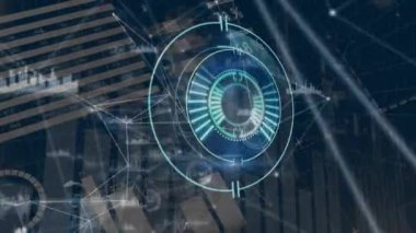 Animation of scope scanning over financial data processing on black background. Global business, finances and digital interface concept digitally generated video.