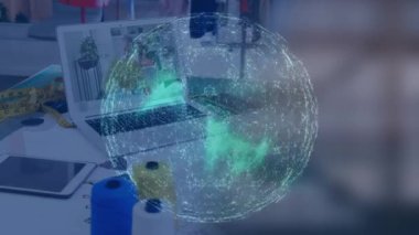 Animation of shapes moving over caucasian business people having video call. Global business and digital interface concept, digitally generated video.