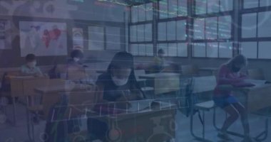Animation of viruses, graphs, trading board, diverse student giving exams in classroom wearing mask. Digital composite, multiple exposure, stock market, report, medical, protection and education.