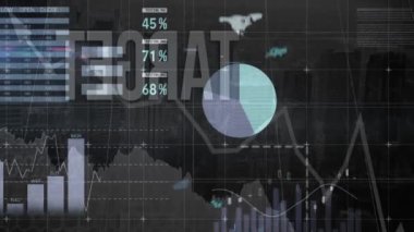 Animation of infographic interface, target text and graphs over aerial view of cityscape. Digital composite, multiple exposure, global, report, buildings, skyscrapers, architecture and business.