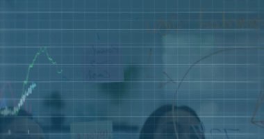 Animation of graphs, numbers on diverse coworkers discussing business strategy on transparent board. Digital composite, multiple exposure, report, teamwork, abstract and communication concept.