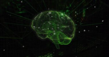Animation of connections and digital brain over server room. Global technology, online security and digital interface concept digitally generated video.