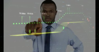Animation of financial data processing over african american businessman. Global business, finance, computing and data processing concept digitally generated video.