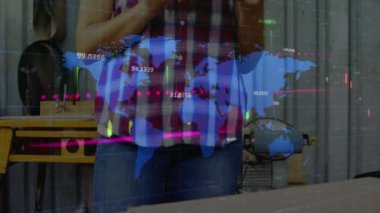 Animation of financial data processing and world map over caucasian woman using tablet. Global technology, finances and digital interface concept digitally generated video.