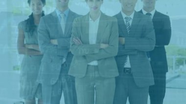 Animation of data processing over diverse business people. Global business, finance and data processing concept digitally generated video.