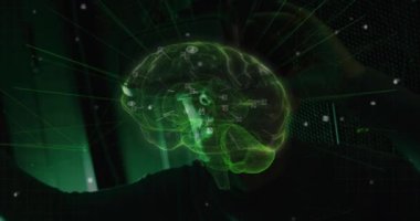 Animation of connections and digital brain over asian man in server room. Global technology, online security and digital interface concept digitally generated video.