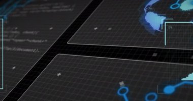 Veri işleme animasyonu ve insanların siyah arkaplan üzerindeki simgeleri. Küresel iş ve dijital arayüz kavramı dijital olarak oluşturulmuş video.