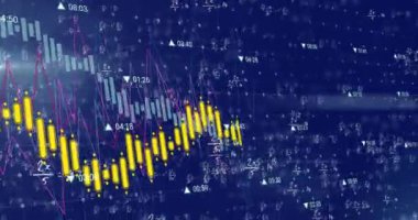 Animation of financial data processing over mathematical equations on black background. Global business, finances and digital interface concept digitally generated video.