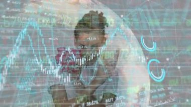 Animation of data processing over caucasian woman with piggy bank. Global business and digital interface concept, digitally generated video.