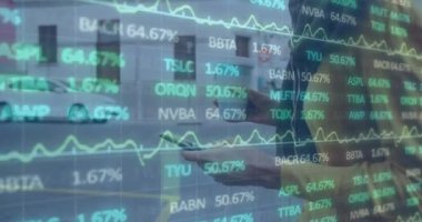 Animation of trading board over caucasian woman with coffee using smartphone while walking outdoors. Digital composite, multiple exposure, stock market, drink and technology concept.