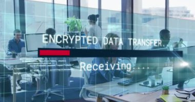 Animation of data processing over diverse business people using phone headsets. Global technology, computing and digital interface concept digitally generated video.